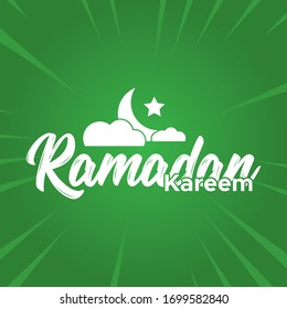 Ramadan kareem greeting typography with moon and cloud in green background. Muslim celebration.