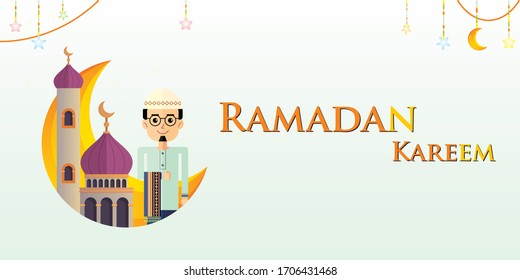 Ramadan Kareem greeting vector banner design. Islamic background illustration. Holy month of Islam.