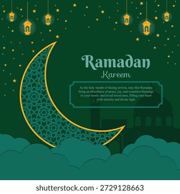 Diseño de Anuncio de Vector de saludo Ramadán Kareem con luna creciente dorada, linternas y estrellas de fondo.