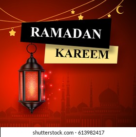 Ramadan kareem greeting vector banner design with hanging lantern or fanoos in red mosque background. Vector illustration.