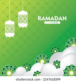 Ramadan Kareem Greeting Vector Design. Flowers, Lantern, Clouds on White and Green Background Illustration
