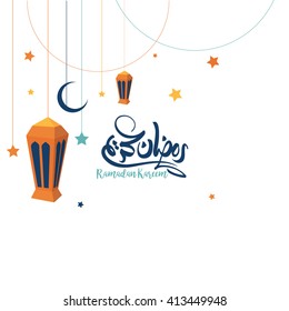 Ramadan Kareem Archivo vectorial de saludo en escritura a mano libre árabe con una linterna moderna y estrellas especialmente para el deseo y diseño de Ramadán