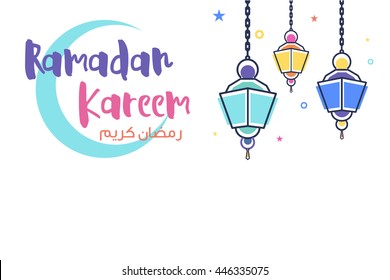 Ramadan Kareem Greeting vector file in arabic and english. modern lantern and stars especially for Ramadan wishing. moon and hanging lantern and stars