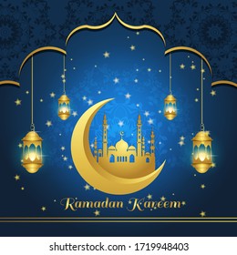 Ramadan Kareem greeting Vector Illustration, with traditional Golden lantern Light Lamps, Moon and Mosque with Night blue Background