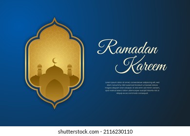 Ilustración vectorial de saludo de Ramadan kareem. Ventanas islámicas en azul y oro con adornos de mezquita. Antecedentes islámicos