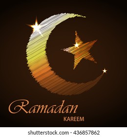 Ramadan Kareem Greeting vector illustration with a beautiful bright golden star and moon iridescent 
