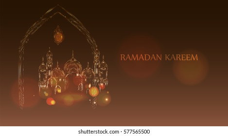 Ramadan Kareem Greeting.  vector illustration in arabic style for Ramadan wishing. 
 Mosque for Islamic holy month of prayer, Ramadan Kareem celebration. 