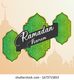 Vector de saludos Ramadán Kareem con fondo de mezquita