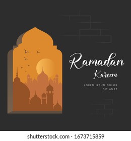 Ramadan Kareem Greeting Vector with the Mosque and Bird View from Window