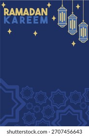Ramadán Kareem saludo Plantilla de Vector sobre un fondo azul oscuro con linternas de oro Fanoos y estrellas. Cuenta con un borde geométrico islámico ornamental adecuado para Anuncios de Vertical, volantes o social 