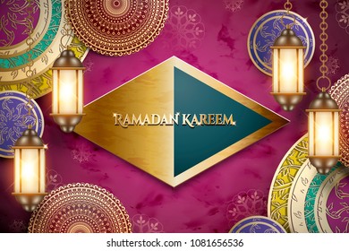 Ramadan Kareem greeting words on glossy rhombus plate with hanging lanterns and exquisite floral elements, fuchsia background
