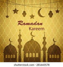 Ramadan Kareem greetings background with hanging lanterns, stars and crescent moon, and mosque silhouette. Ramadan Kareem means Ramadan the Generous Month