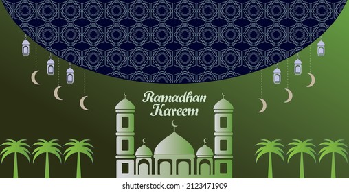 ramadan kareem greetings background with mosque, lanterns and date palms.