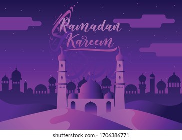 Ramadan Kareem Greetings Card. Calligraphic Typography Design. Mosque in a Dessert and City in the background Night Scene. Vector EPS