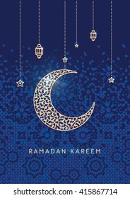 Ramadan Kareem Greetings Card with floral crescent. Traditional Islamic Background. Ocher on blue.