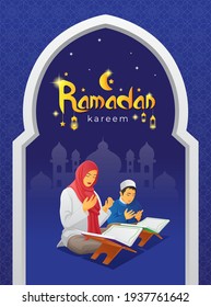 Ramadan kareem greetings card with praying woman and her son after read the holy Quran
