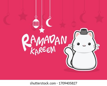 Ramadan kareem greetings card with white cat wearing cap