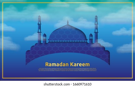 Ramadan Kareem grüßt mit Wolken und Moschee-Form im Papierschnitt-Stil, goldener Rahmen für luxuriösen Look. Vektorillustration.