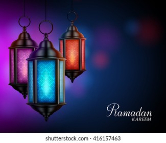 Ramadan Kareem Greetings with Colorful Set of Lanterns or Fanous in a Dark Glowing Background. 3D Realistic Vector Illustration
