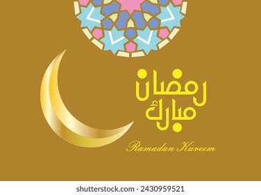 Ramadan Kareem Greetings crescent moon Islamic symbol background with arabic pattern - calligraphy lines and lanterns