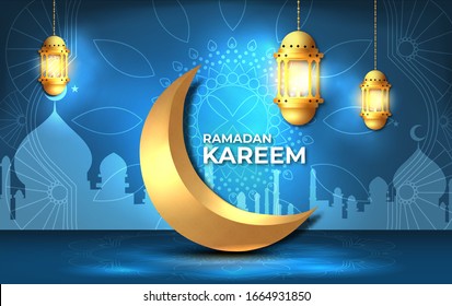Ramadan kareem greetings design with lantern or fanoos hanging, yellow crescent moon in blue background. Vector illustration.