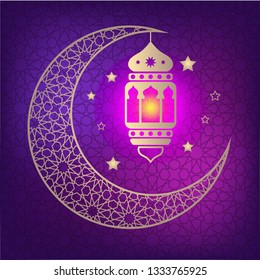 Ramadan kareem greetings design moon with lantern or fanoos hanging. Eid mubarak 2019. islamic greeting card. Lanterns style with moon on purple background. Vector illustration