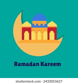 Ramadan Kareem Greetings. Flat design of a moon and a mosque. Vector illustration. Used for greeting card, banner or poster.