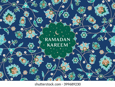 Ramadan Kareem Greetings Floral Card. d. Traditional Arabic Islamic Design Background. Green, Ocher, blue