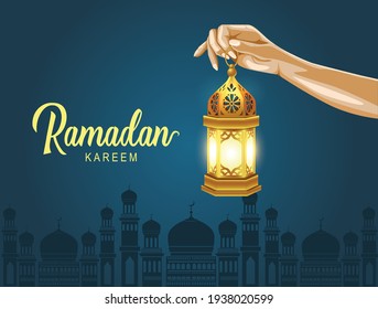 ramadan kareem greetings. girl hand holding golden arabic lantern. vector illustration