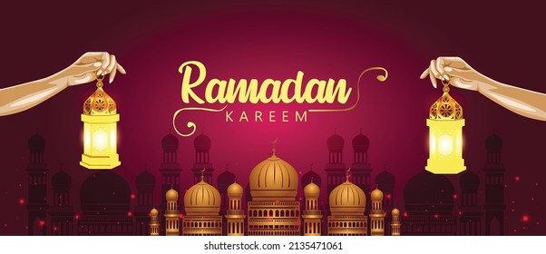 Ramadan Kareem greetings. girl hand holding golden Arabic lantern. vector illustration design