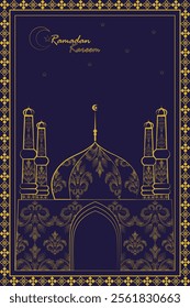 Ramadan Kareem greetings, Gold geometric and Damask pattern with Muslim mosque, Crescent moon and Stars on Dark bIue background. Golden line arts design. Greeting cards, Poster, Vector