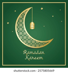 Ramadan kareem greetings with golden crescent moon with pattern and hanging lanterns on green background. Vector illustration Ramadan for greeting card, social media, poster and banner.