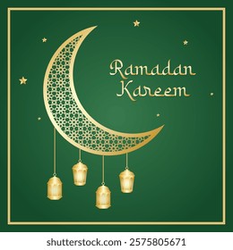 Ramadan kareem greetings with golden crescent moon with pattern, hanging lanterns and stars on green background. Vector illustration Ramadan for greeting card, social media, poster and banner.