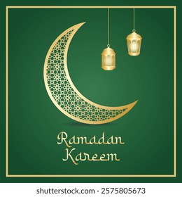 Ramadan kareem greetings with golden crescent moon with pattern and lanterns on green background. Vector illustration Ramadan for greeting card, social media, poster and banner.