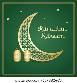 Ramadan kareem greetings with golden crescent moon with pattern, lanterns and stars on green background. Vector illustration Ramadan for greeting card, social media, poster and banner.