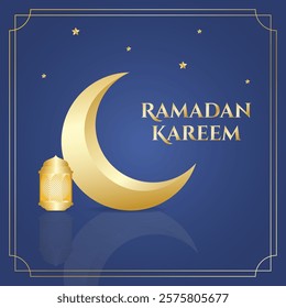 Ramadan kareem greetings with golden crescent moon, lanterns and stars on blue background. Vector illustration Ramadan for greeting card, social media, poster and banner.