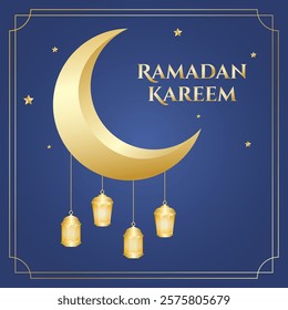 Ramadan kareem greetings with golden crescent moon, hanging lanterns and stars on blue background. Vector illustration Ramadan for greeting card, social media, poster and banner.