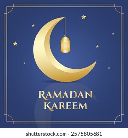 Ramadan kareem greetings with golden crescent moon and hanging lantern on blue background. Vector illustration Ramadan for greeting card, social media, poster and banner.