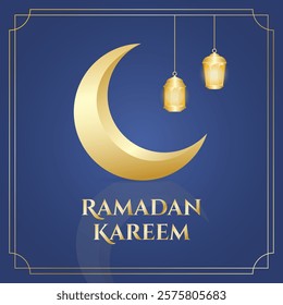 Ramadan kareem greetings with golden crescent moon and lanterns on blue background. Vector illustration Ramadan for greeting card, social media, poster and banner.