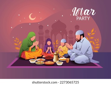 Ramadan Kareem saluda al grupo de personas de familia paga con diseño de ilustración vector de fondo árabe