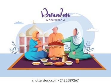 Ramadan Kareem grüßt eine Gruppe von Familienmitgliedern, die mit arabischem Hintergrund essen. Abstraktes Vektor-Illustrationsdesign