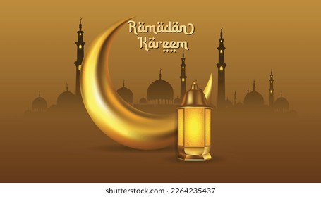 Ramadan Kareem Grüße mit Halbmond und goldener Lampe, Vektorgrafik

