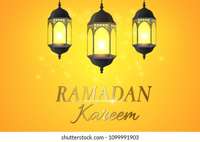 Ramadan Kareem Greetings with hanging lanterns in a glowing background