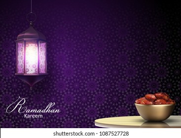 Ramadan Kareem greetings with lanterns hanging and a bowl of dates on dinner table