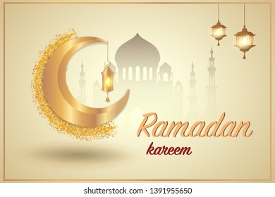Ramadan Kareem greetings with mosque and moon. Muslim religion holy month Ramadan celebration greeting card with mosque under gold sky. Eid Mubarak festive poster design