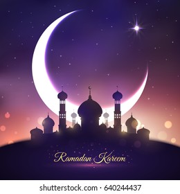 Ramadan Kareem greetings with mosque and moon. Muslim religion holy month Ramadan celebration greeting card with mosque under blue night sky, crescent moon and stars. Eid Mubarak festive poster design