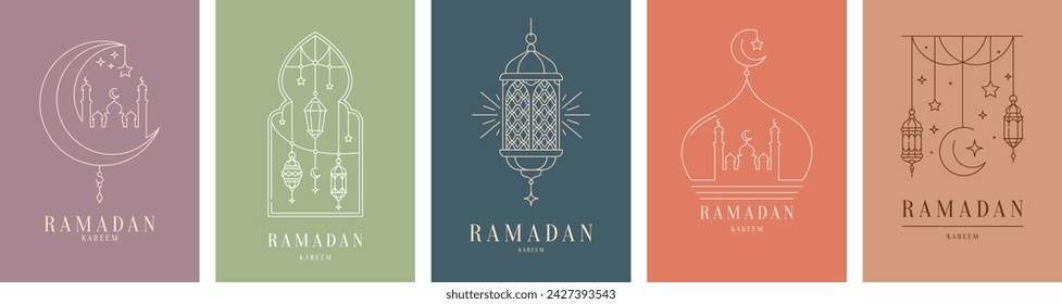 Ramadan Kareem greetings with Muslim mosque, crescent moon, stars and Arabian lanterns, vector banners. Islam religious holiday Ramadan Kareem in thin line art mosque and Arabic lantern lamps