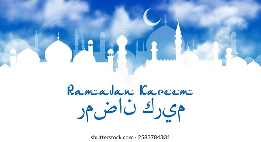 Ramadan Kareem greetings with Muslim mosque silhouette in white clouds, vector banner. Ramadan Kareem Muslim holiday greeting in Arabic letters text with mosque or Arabian city and crescent in sky