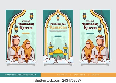 ramadan kareem greetings on social media stories template background with islamic character