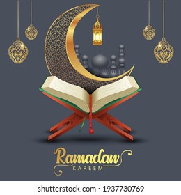 ramadan kareem greetings with Quran and wooden stand, patterned half moon. vector illustration design 